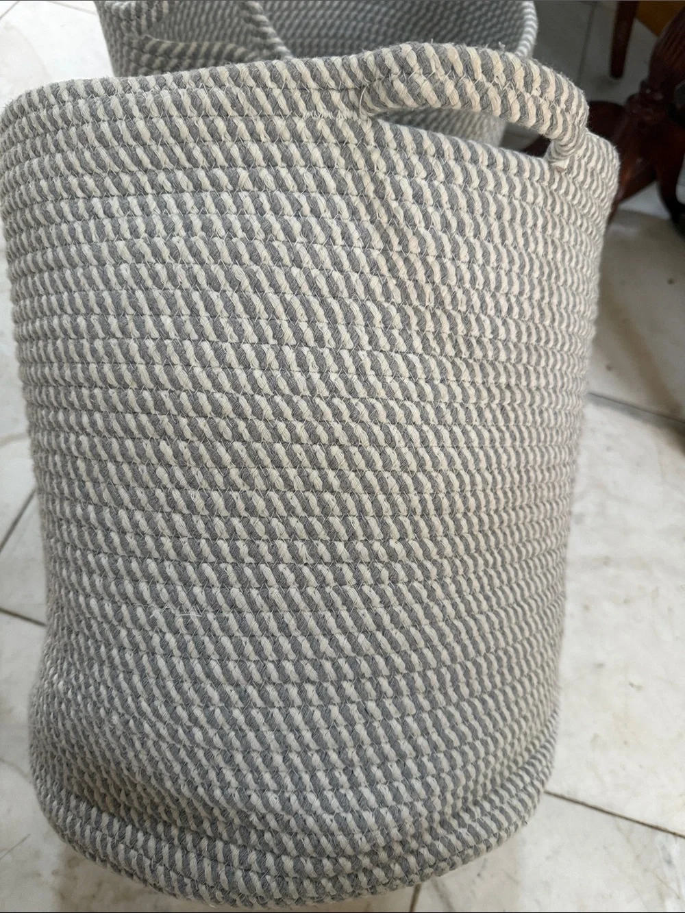Edison Collection Light Gray / White Woven Cotton Storage Basket with Handles